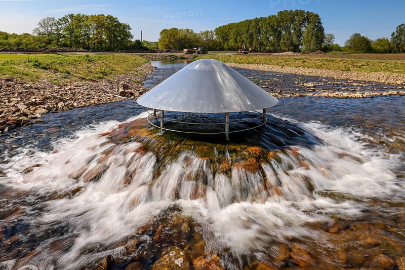 Haltern, North Rhine-Westphalia, Germany, flood protection on the River Lippe. Groundwater from the foreland is channelled into the Lippe via three spillways and then via the newly designed Gecksbach stream. Flood protection in the Haltern-Lippramsdorf-Marl area (HaLiMa) by relocating the dyke and thus extending the floodplain, Europe