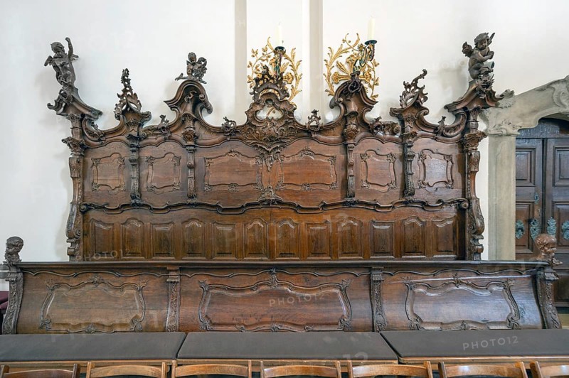 Choir stalls of the Maria Brünnlein pilgrimage basilica in rococo style built between 1748 and 1782, Wemding, Swabia Bavaria, Germany, Europe