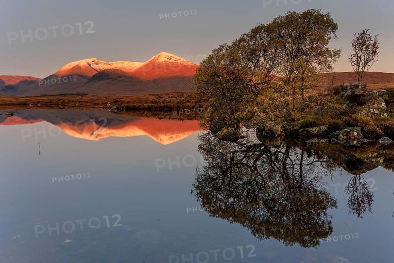 Mountains reflected in lake, morning light, morning mood, still, autumn, snowy, Lochan na h-Achlaise, Scottish Highlands, Scotland, Great Britain