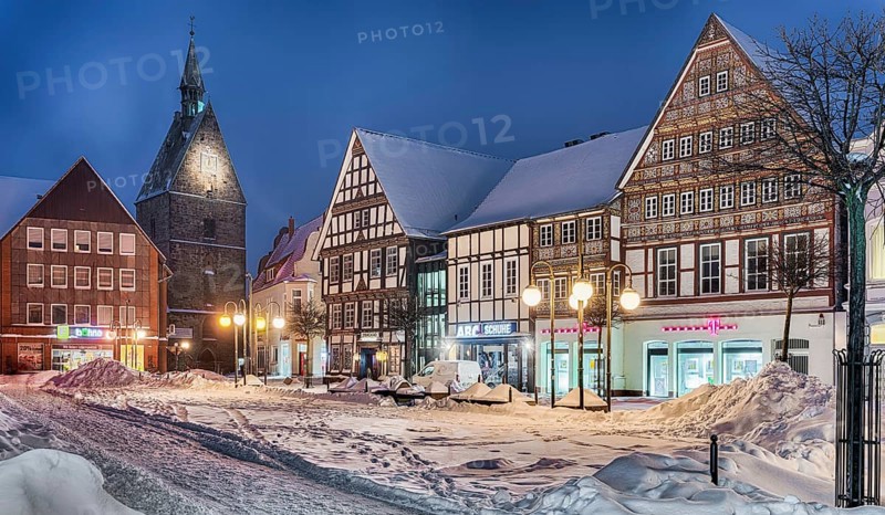 Market square with Martini church winter snow illuminated Stadthagen Germany