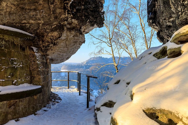 Winter magic at the Bastei, access to the Tiedge Aussicht, Saxon Switzerland, Saxony, Germany, Europe
