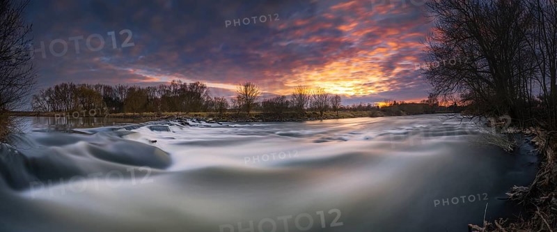 Long exposure of a waterfall at sunset, winter, panorama, river, Leine, Neustadt am Rübenberge, Hanover, Lower Saxony, Germany, Europe