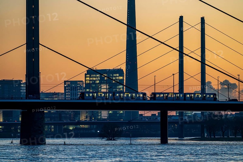 Sunset on the Rhine near Düsseldorf, skyline of the city centre with Rhine Tower, Rheinkniebrücke, behind, Oberkassler Brücke, North Rhine-Westphalia, Germany, Europe