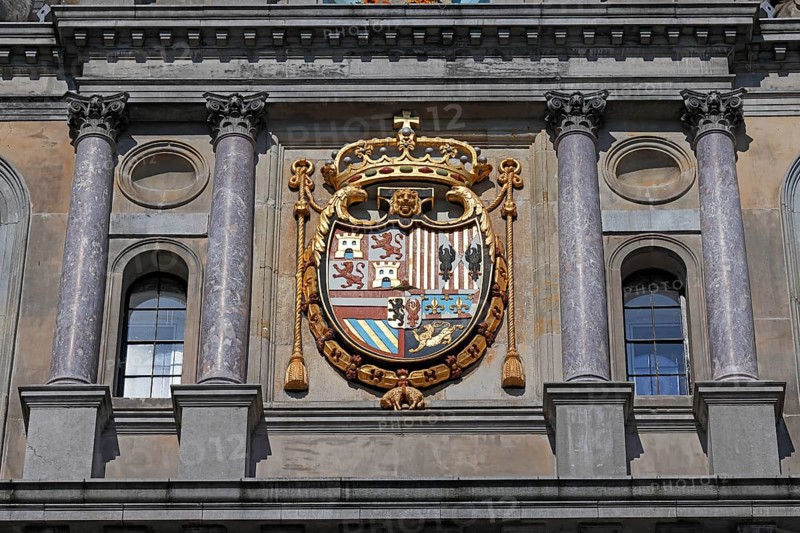 Historic City Hall Stadhuis on the Grote Markt, detailed view of the coat of arms of King Philip II of Spain on the façade, UNESCO World Heritage Site, Antwerp, Belgium, Europe
