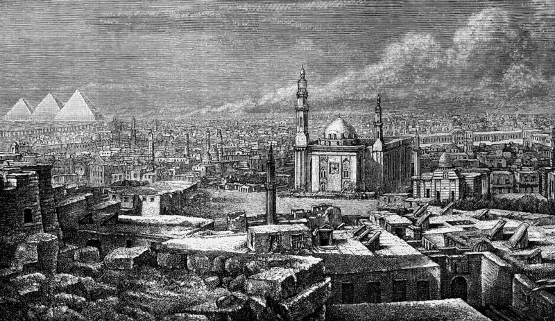 City view of the Egyptian capital Cairo with Al-Azhar mosque, old town UNESCO world heritage, minarets, sea of houses, pyramids of Giza, travelling, Egypt, historical illustration 1886, Africa