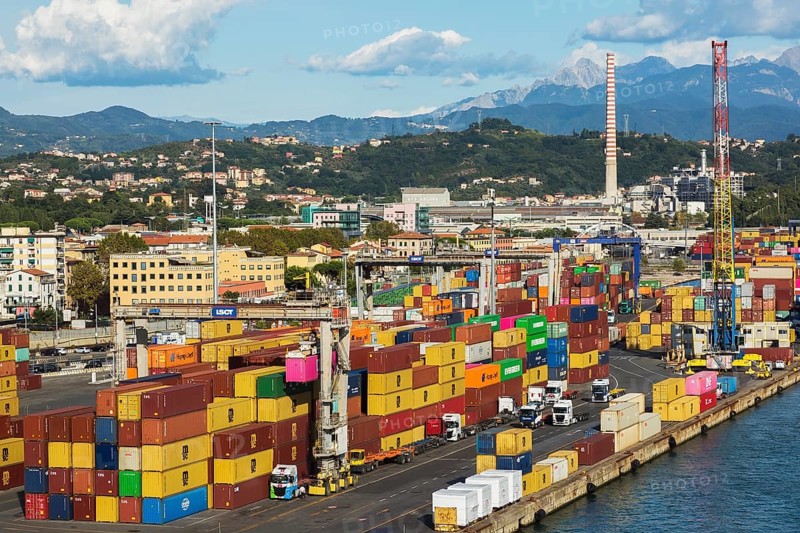 High angle view of rows of stacked rectangular metal box shipping containers and gantry cranes on dock in La Spezia port, Italy, Europe