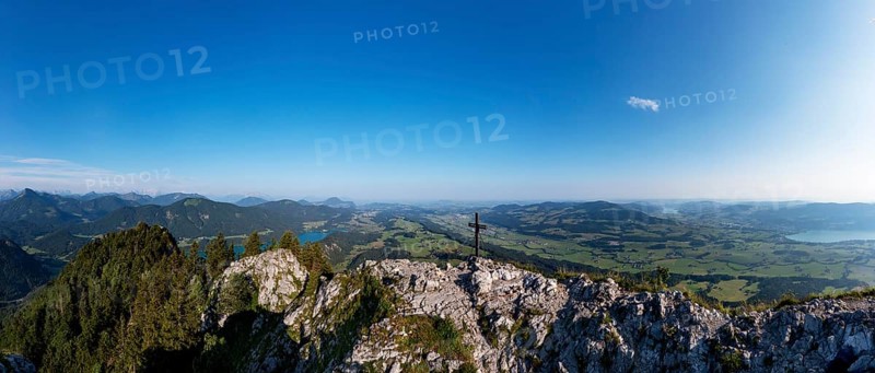 Drone shot, summit cross on the Schober with a view of Mondsee and Fuschlsee, Osterhorn group, Salzkammergut, Salzburg province, Austria, Europe