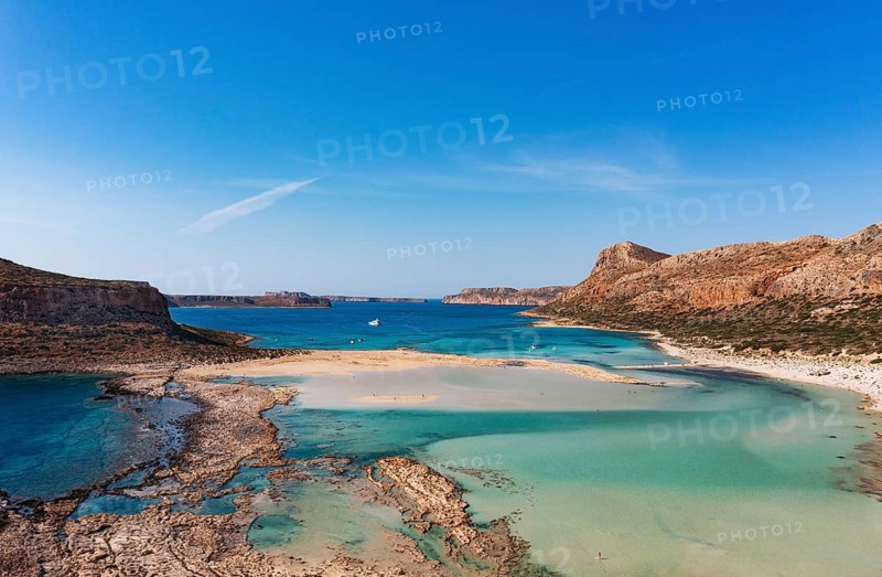 Drone shot, beach and bay of Balos, Gramvousa peninsula, Kolimbari, West Crete, Crete, Greece, Europe