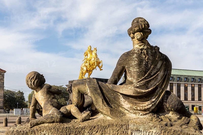 Group of figures from the eastern Nymph Fountain with the Golden Horseman, Neustädter Markt, Dresden, Saxony, Germany, Europe
