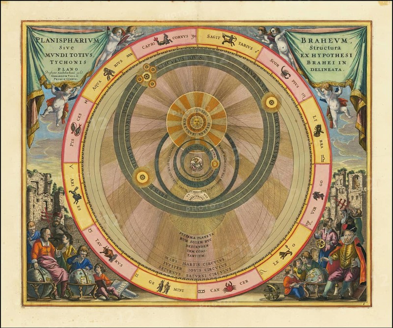 Planisphaerium Braheum Sive Structura Mundi Totius Ex Hypothesi Tychonis Braehi In Plano Delineata, 1660, digitally improved reproduction of a work of Andreas Cellarius (1596 - 1665), a Dutch-German cartographer and cosmographer, who is best known for his 1660 Harmonia Macrocosmica, a major star atlas, digitally improved reproduction of a work of Andreas Cellarius (1596 - 1665), a Dutch-German cartographer and cosmographer best known for his 1660 Harmonia Macrocosmica, a major star atlas