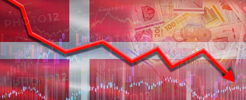 Denmark financial crisis on economic graph. Financial fall of Denmark on economy market