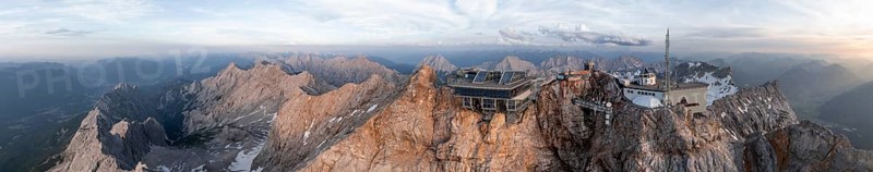 Alpine panorama, aerial view, Zugspitze and Zugspitze railway, high mountains, Bavaria, Germany, Europe