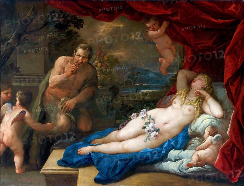 Jupiter and Antiope, painting by Luca Giordano (Italian, 1634-1705), historically, digitally restored reproduction of a 17th-century original, exact date unknown, Jupiter and Antiope, painting made by Luca Giordano (Italian, Historically, digitally restored reproduction of a 17th-century original, exact date unknown