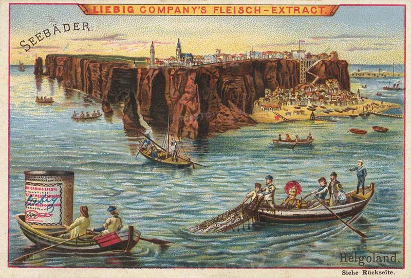 Picture series famous seaside resorts, Heligoland in Germany, Liebig picture, digitally restored reproduction of a collector's picture from around 1900, public domain, exact date unknown, scene on Heligoland with boats, cliffs and a town in the background, depicted in nostalgic advertising
