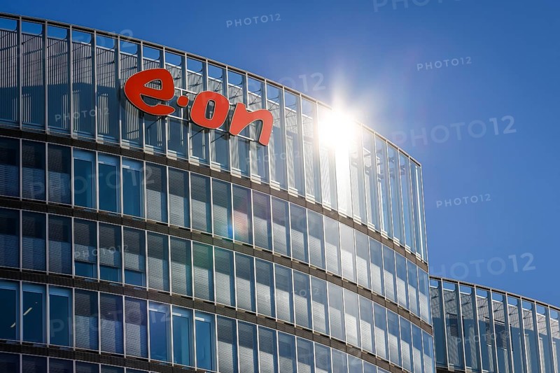 Essen, North Rhine-Westphalia, Germany, E.ON headquarters. Company logo on the facade of the headquarters, Europe