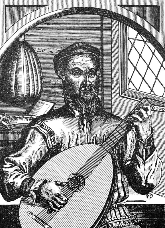 Lute player Sebastian Ochsenkuhn (1521-1574), publisher of a lute book, interior, window, music book, playing music, beard, cap, portrait of a man, historical illustration 1892