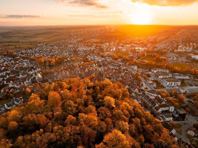 View from above of the town and forest in the golden autumn sunlight, Herrenberg, Germany, Europe