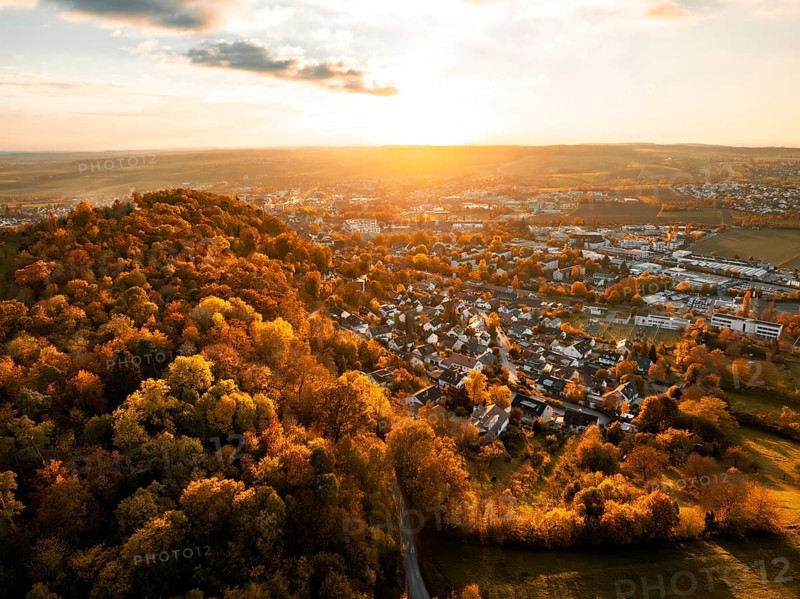 Cityscape at sunset, surrounded by autumnal trees in golden light, Herrenberg, Germany, Europe