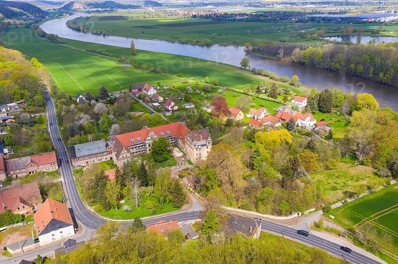 Manor in the village of Gauernitz, in the background the Elbe and Coswig, Saxony, Germany, Europe