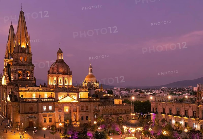 Mexico, Central Guadalajara Cathedral panoramic view in historic center Plaza de Armas, Central America