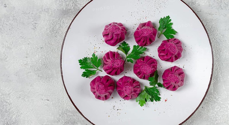 Beetroot khinkali, mini khinkali, purple, Georgian cuisine, no people