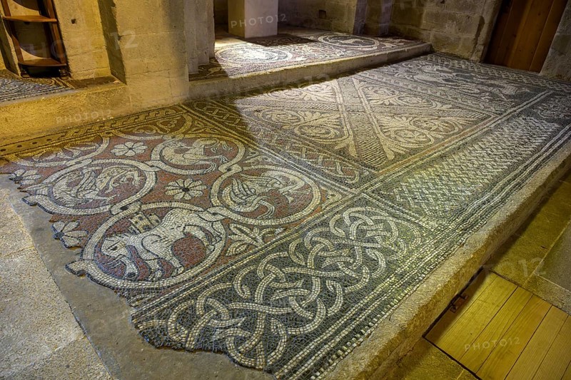 Medieval mosaic floor from the 12th century in the Abbey of Notre Dame de Ganagobie, Alpes-de-Haute-Provence, France, Europe
