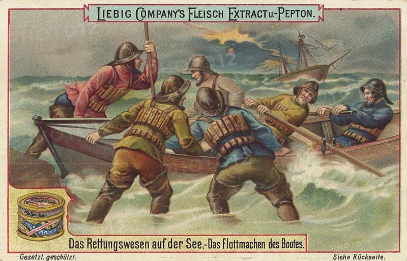 Picture series The rescue service at sea, refloating the lifeboat, Liebig picture, digitally restored reproduction of a collector's picture from around 1900, public domain, exact date unknown, crew preparing a lifeboat in stormy conditions