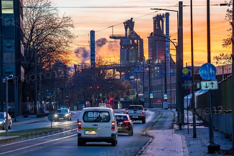 Duisburg-Bruckhausen steel site, ThyssenKrupp Steel, blast furnaces 8 and 9, on Kaiser-Wilhelm-Straße, sunset, North Rhine-Westphalia, Germany, Europe