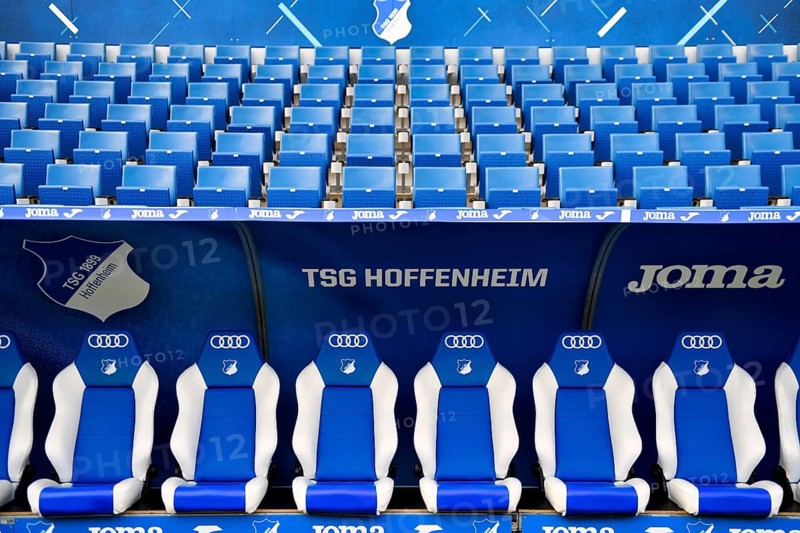 Substitute bench, TSG 1899 Hoffenheim, Logo, Audi, Joma, PreZero Arena, Sinsheim, Baden-Württemberg, Germany, Europe