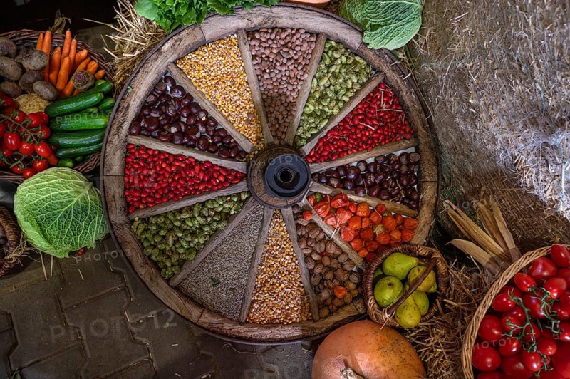 Fruit decorated in an old wooden spoked wheel at a harvest festival, Franconia, Bavaria, Germany, Europe