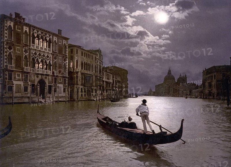 Canale Grande in moonlight, Venice, Italy, Historic, digitally restored reproduction from a 19th century original, Record date not stated, Grand Canal by moonlight, Venice, Italy, Historic, digitally restored reproduction from a 19th century original, Record date not stated, Europe