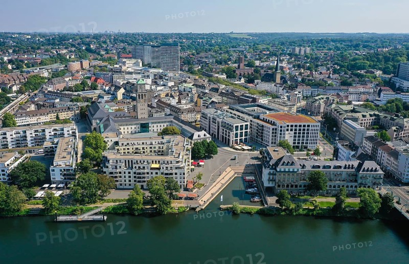Mülheim an der Ruhr, North Rhine-Westphalia, Germany - City overview Mülheim an der Ruhr, the city centre with residential buildings, commercial buildings, the new marina and the town hall tower