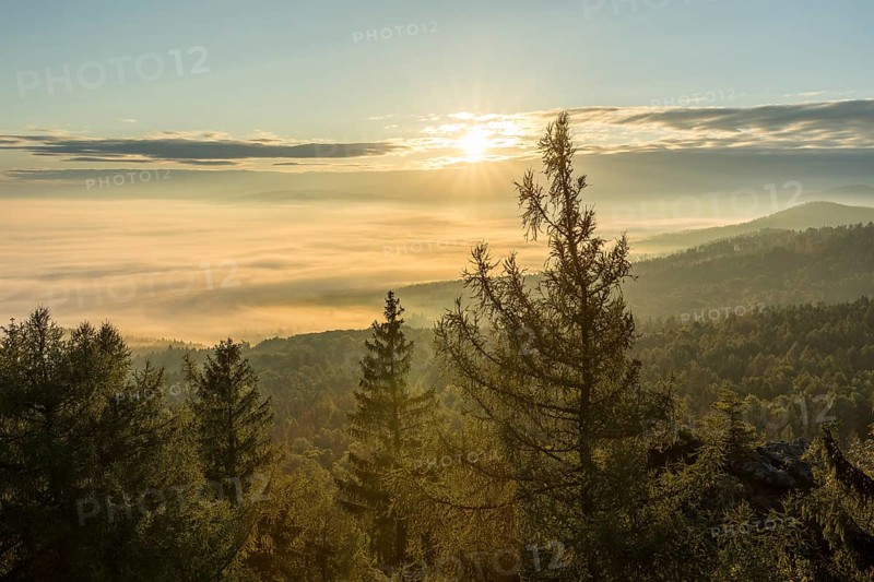 Bohemian view at the Töpfer in the morning light, sunrise over the sea of fog, Zittau Mountains, Oybin, Saxony, Germany, Europe