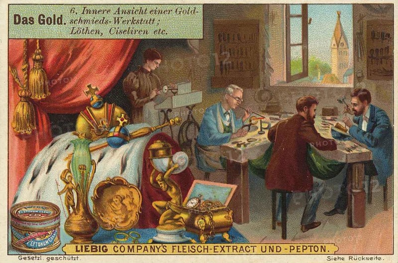 Picture series The Gold, interior view of a goldsmith's workshop, Liebig picture, digitally restored reproduction of a collector's picture from around 1900, public domain, exact date unknown, men in a goldsmith's workshop working on pieces of jewellery in an elegant setting
