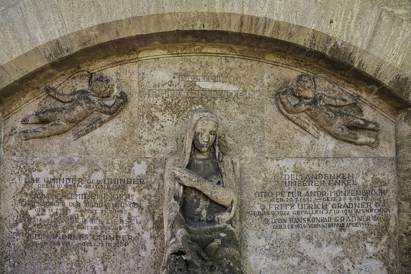 Unter den Linden cemetery, burial site, memorial stone for Emil Gminder and family, stone figures, relief, putti, Reutlingen, Baden-Württemberg, Germany, Europe