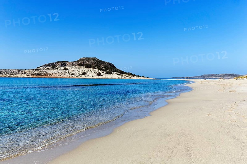 Crystal clear turquoise water, deserted dream beach in spring, Simos beach, Sarakiniko beach, coastline, Elafonisos, Deer Island, Laconia, Peloponnese, Ionian Islands, Ionian Sea, Greece, Europe