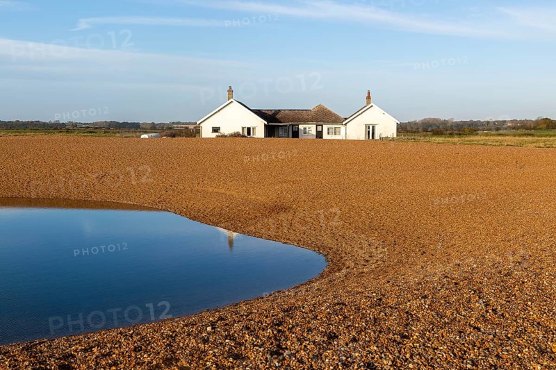 The Beacons bungalow house on beach at Shingle Street, Hollesley Bay, Suffolk, England, UK