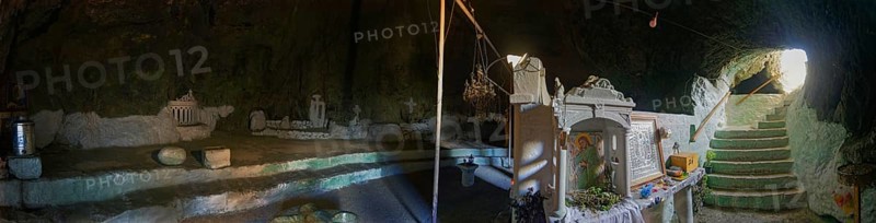 Cave church of St John Vrykountas with a mystical altar and decorations, Cave church of St John Vrykountas, Avlona, Karpathos, Greece, Europe