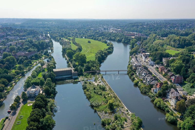 Mülheim an der Ruhr, North Rhine-Westphalia, Germany - Green Ruhr area in Mülheim an der Ruhr. In front left the water station. The Ruhr island in the centre