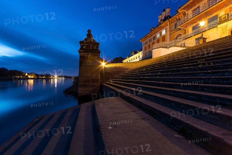 Staircase to the Elbe at the Water Palace of Pillnitz Castle at dusk, Dresden, Saxony, Germany, Europe