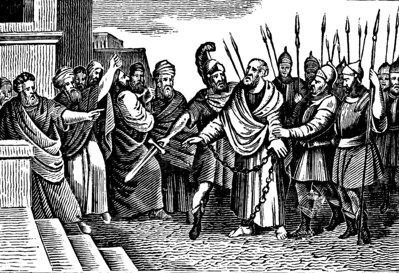 The apostle Paul tells the Jews in Jerusalem the story of his conversion to Christianity, soldiers put him in chains, anger, indignation, enemies, New Testament, history of the apostles, woodcut, historical illustration, Christoph Schmid's Biblical History 1831