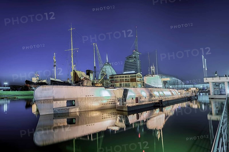 Harbour world illuminated night submarine Bremerhaven Germany