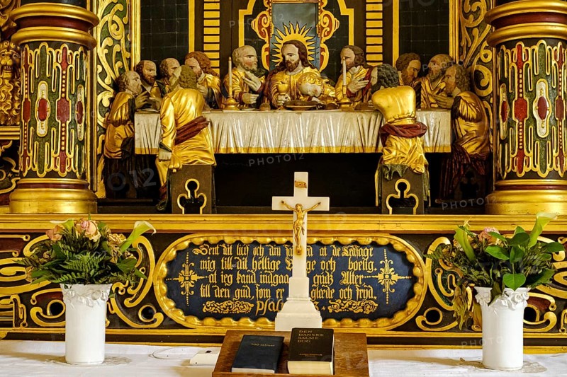 Church altar depicting the institution of the Lord's Supper, Elmelunde Kirke, Elmelunde Church and oldest church building on the island of Mön, Denmark, Scandinavia, Europe, for editorial use only, Europe
