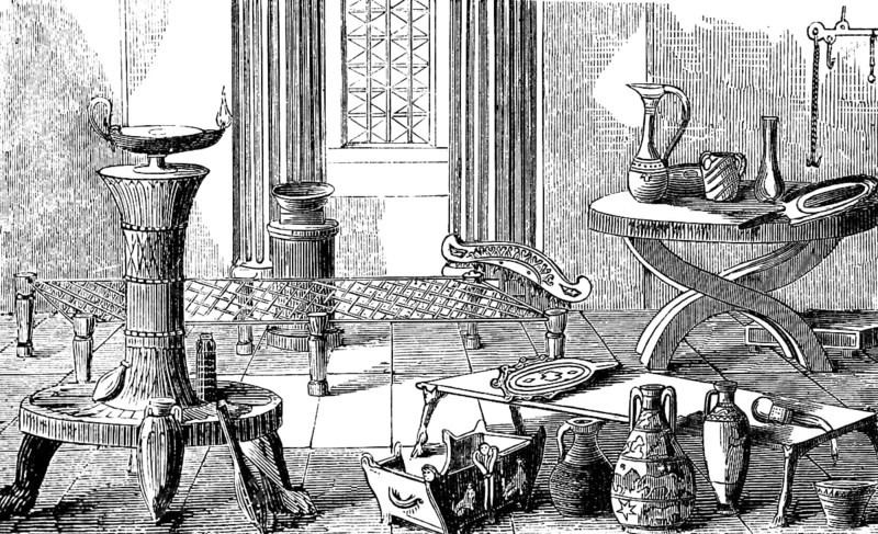 Compilation of archaeological Etruscan finds from the Etruria Tranpadana region, Lombardy and northern Piedmont, decorated vases, jewellery boxes, mirrors, jugs, made of iron and especially copper, history of mankind, Italy, historical illustration 1880, Europe