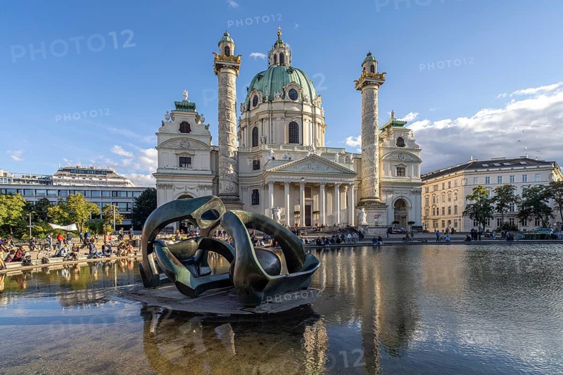 Sculpture by Henry Moore Hill Arches and the Karlskirche in Vienna, Austria, Europe