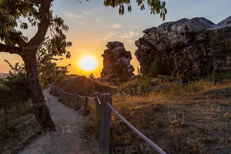 Sunset at the Devil's Wall near Weddersleben, Thale, Harz, Saxony-Anhalt, Germany, Europe