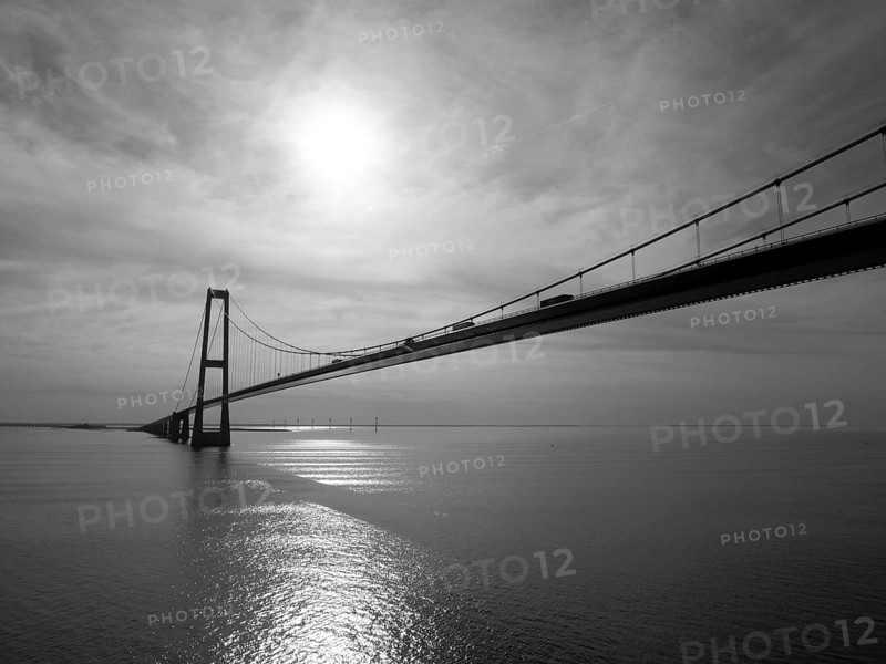 Lorry traffic on Storebæltsbroen, bridge, black and white photography, Nyborg, Denmark, Europe