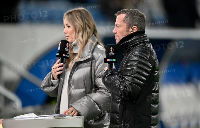 RTL presenter Laura Papendick in an interview, microphone, microphone, logo, with TV expert Lothar Matthäus, Europa League, PreZero Arena, Sinsheim, Baden-Württemberg, Germany, Europe