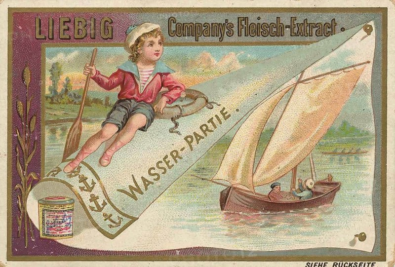 Picture series Leisure activity on holiday, water party, sailing, Liebig picture, digitally restored reproduction of a collector's picture from around 1900, public domain, exact date unknown, boy enjoying a boat trip on a lake, depicted in nostalgic style