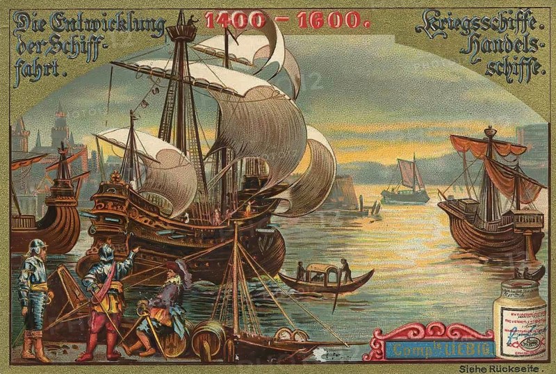 Picture series The development of shipping, warships and merchant ships, Liebig picture, digitally restored reproduction of a collector's picture from around 1900, public domain, exact date unknown, sailing ships from the Renaissance in the harbour, surrounded by sailors and buildings